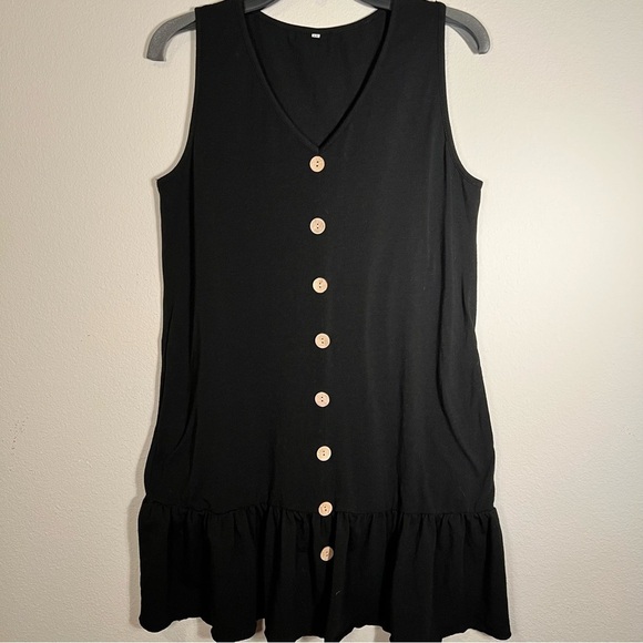 Black Sleeveless Button Front Ruffled Hem Sundress - Picture 2 of 12